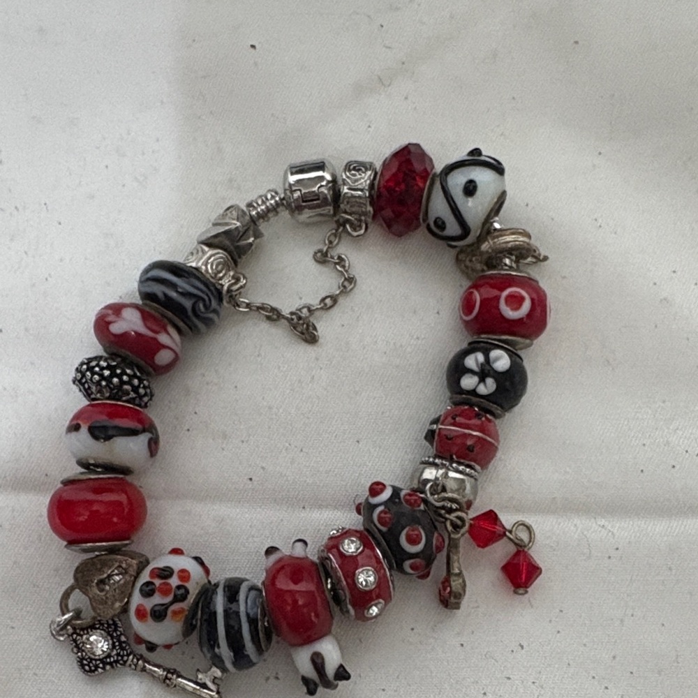 Chic Pandora Style Red and Black Beaded Charm Bracelet with Silver Accents